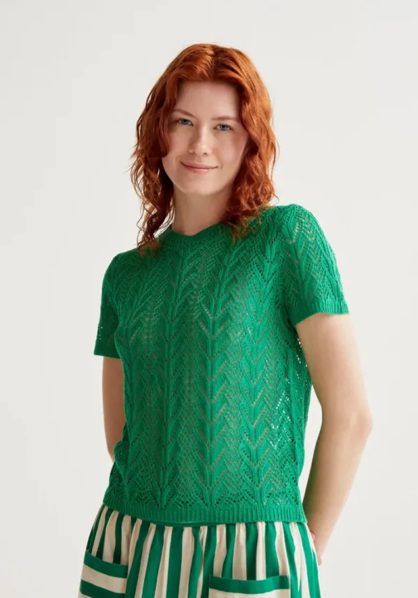 Flora Open Embroidered Green Knit