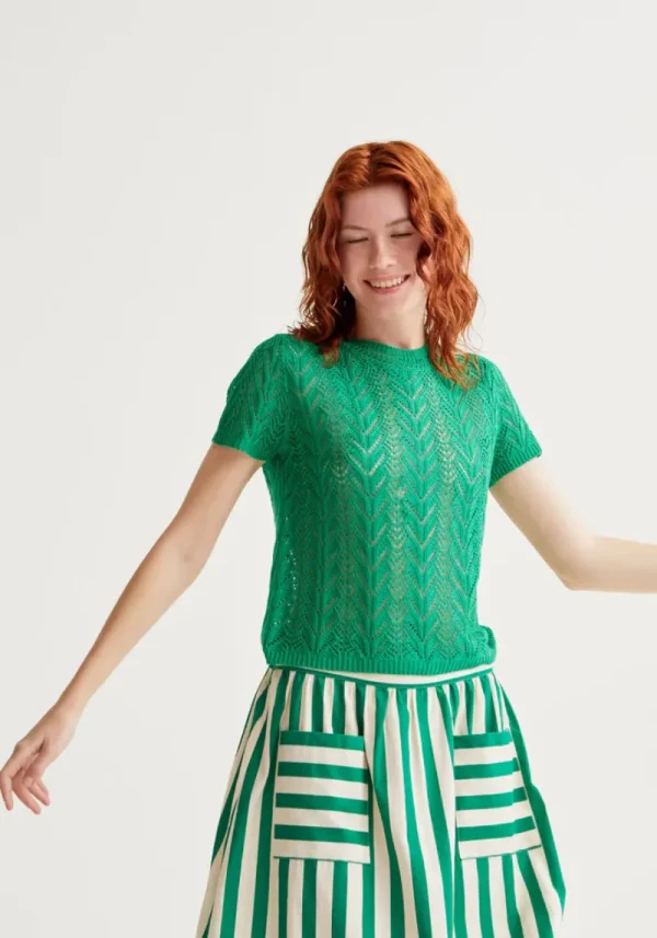 Flora Open Embroidered Green Knit
