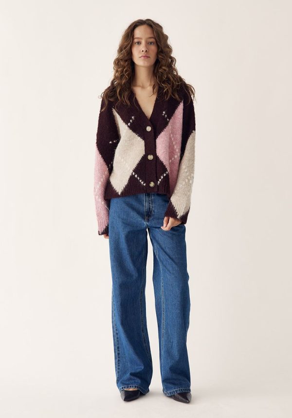 N-Laiana Knit Cardigan Winetasting Mix 6 Lai Burgundy And Pink Argyle Cardigan