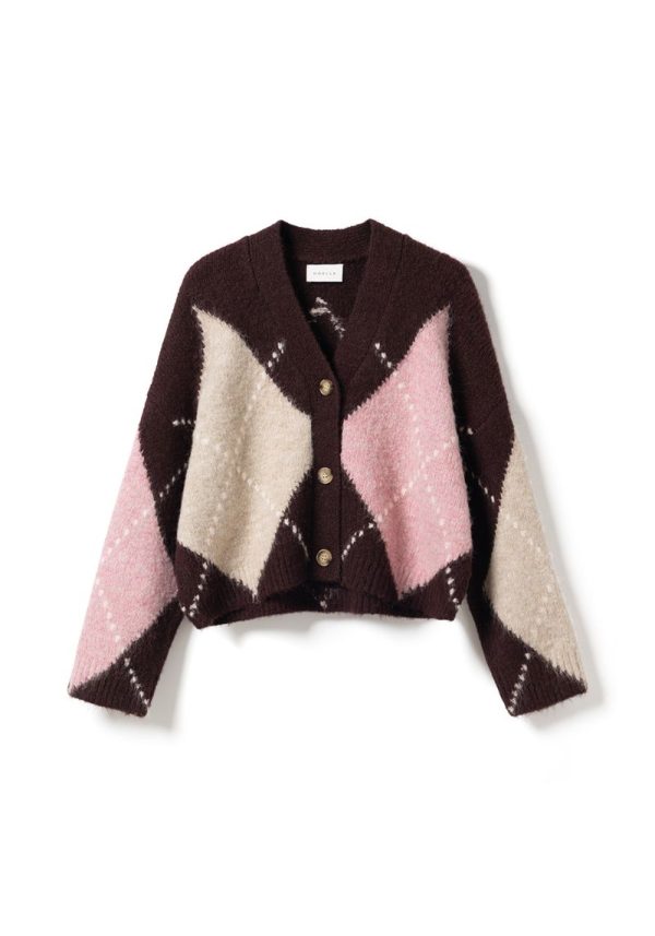 N-Laiana Knit Cardigan Winetasting Mix Lai Burgundy And Pink Argyle Cardigan
