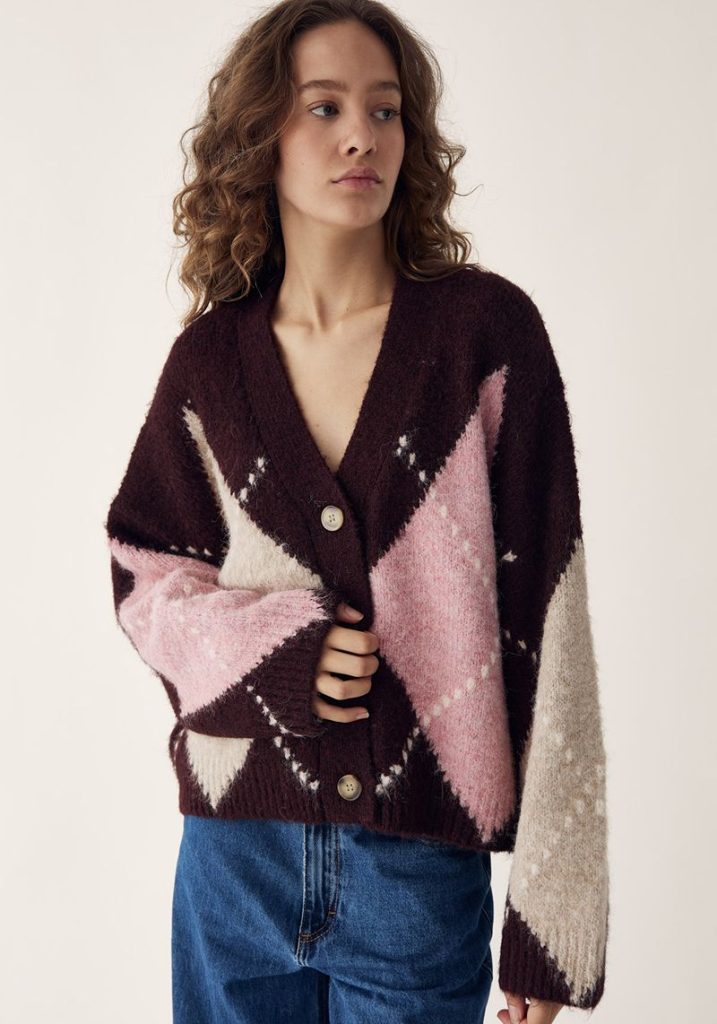 Lai Burgundy And Pink Argyle Cardigan